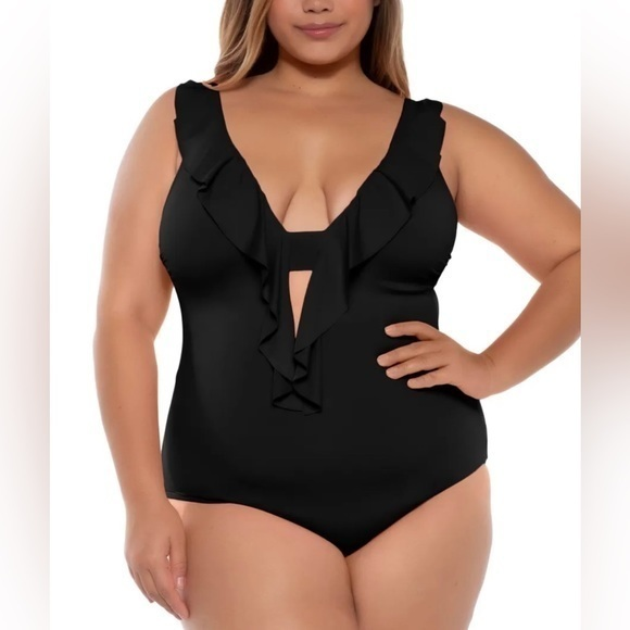 Becca ETC Color Code Black Ruffle One Piece Swimsuit Size‎ 1X (16 - 18) - Picture 1 of 6